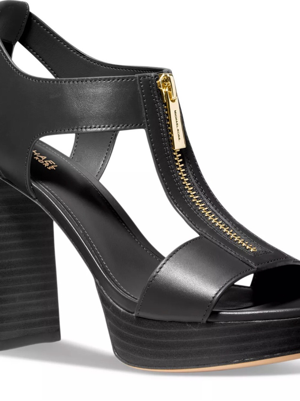 Michael Kors Black Leather Platform Berkley T-Strap Sandal with Gold Zip Accent